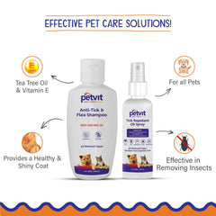 PetVit Anti Tick Dog Shampoo and tick Spray for Dogs Combo | Best Dog Shampoo for Ticks and Fleas | Tick Remover for Dogs | Tea Tree Oil | Lemon Grass Oil | Non Toxic | 200 ml + 100 ml