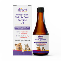 Petvit Omega Rich Skin & Coat Sardine Oil with Omega 3, Omega 6, Vitamin E, Vitamin A, Biotin | For Healthy Skin & Shiny Coat | Helps Relieves Dry & Itchy Skin | Sardine Fish Flavour | For All Ages Breed Dogs & Cat – 200ml