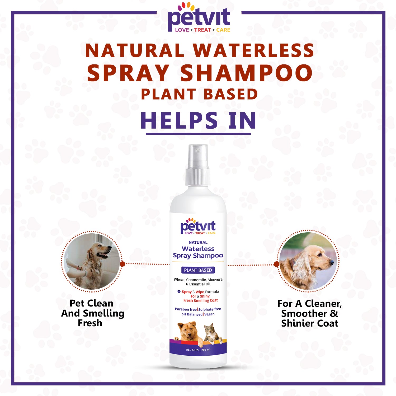 Plant Based Natural Waterless Spray Shampoo With Wheat Protein, Lemongrass Oil, Lavender, Rosemary, Eucalyptus, Coconut Oil, Castor Oil |For a Cleaner, Smoother & Shinier Coat | Dry | Waterless | pH-Balance | For All Breed Dog & Cat - 200ml