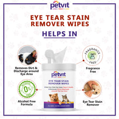 Eye Tear Stain Remover Wipes For Dogs And Cats l Keep Your Pets Eye Area Clean & Healthy - Fragrance Less 50 Wipes Paraben Free & Vegan | For All Age Group