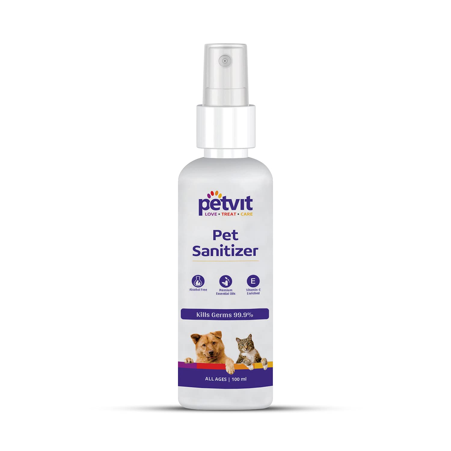 Petvit Pet Sanitizer with Citronella Oil, Neem Oil, Eucalyptus Oil, Vitamin E Oil Kills 99.9% Germs, Anti-Microbial, No Alcohol, Vet Approved, Hypoallergenic for All Breed Dog & Cat-100ml, White