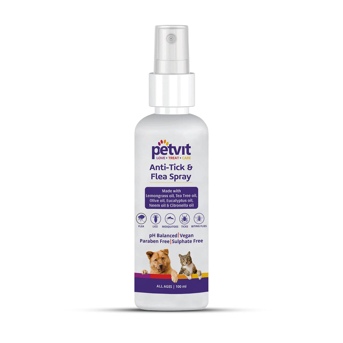 Petvit Anti-Tick & Flea Spray | Ticks & Fleas | Soothes Itching | Redness - Safe & Non-Toxic - Lemongrass Oil, Tea Tree Oil, for All Breeds Neem - 100ml