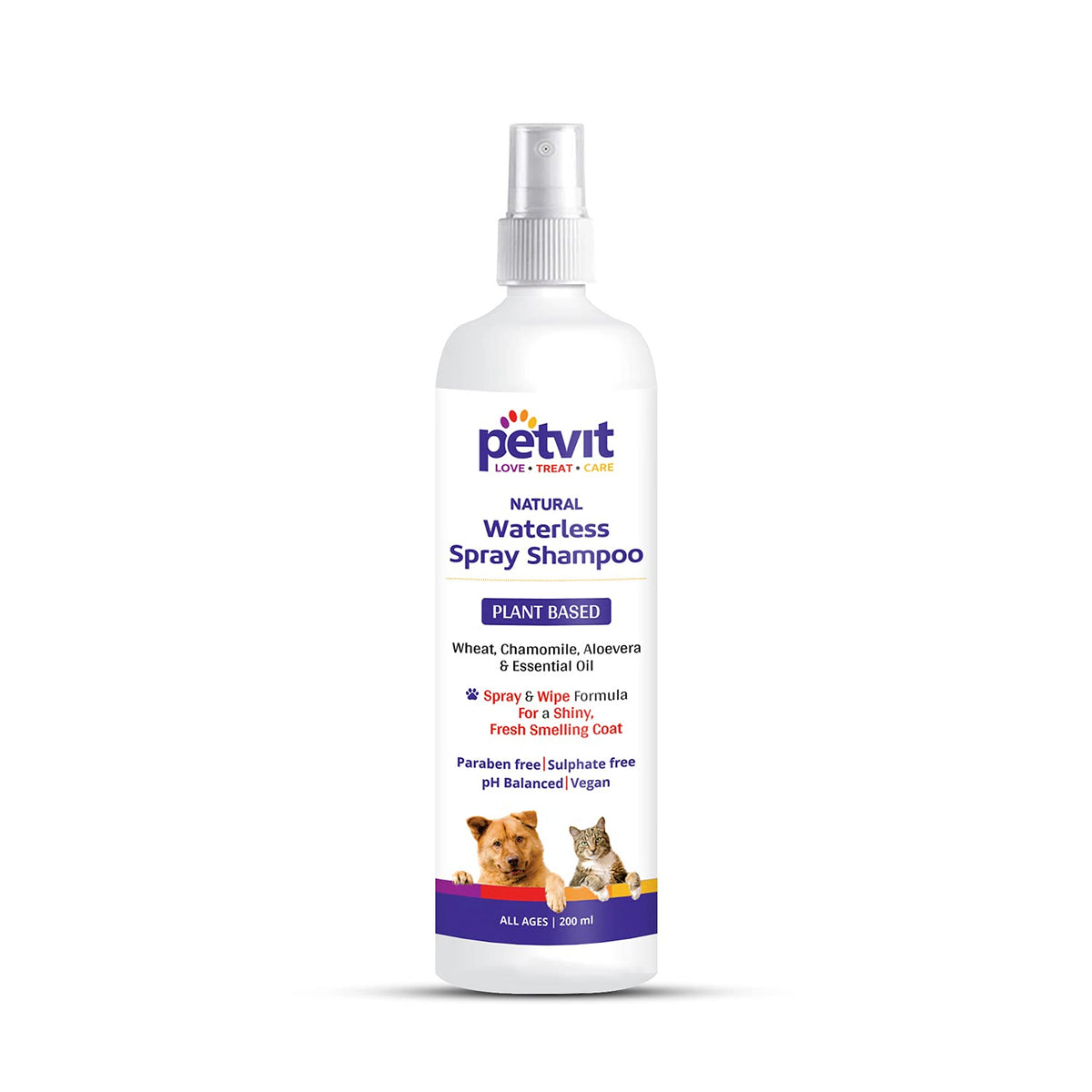Petvit Plant Based Natural Waterless Spray Shampoo with Wheat Protein, Lemongrass Oil, Lavender, Rosemary, Eucalyptus, Coconut Oil, Castor Oil All Breed Dog & Cat - 200ml