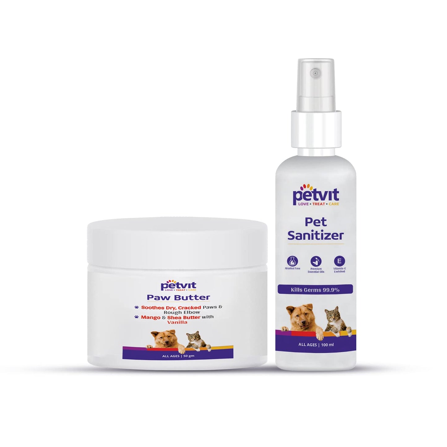 Petvit Paw Butter with Mango & Shea Butter & Lemon Grass Oil, Vitamin E, Coconut Oil – 50gm & Pet Sanitizer with Citronella Oil, Neem Oil, Eucalyptus Oil for All Breed Dog & Cat-100ml (Combo)