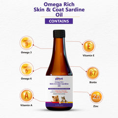 Petvit Omega Rich Skin & Coat Sardine Oil with Omega 3, Omega 6, Vitamin E, Vitamin A, Biotin | For Healthy Skin & Shiny Coat | Helps Relieves Dry & Itchy Skin | Sardine Fish Flavour | For All Ages Breed Dogs & Cat – 200ml