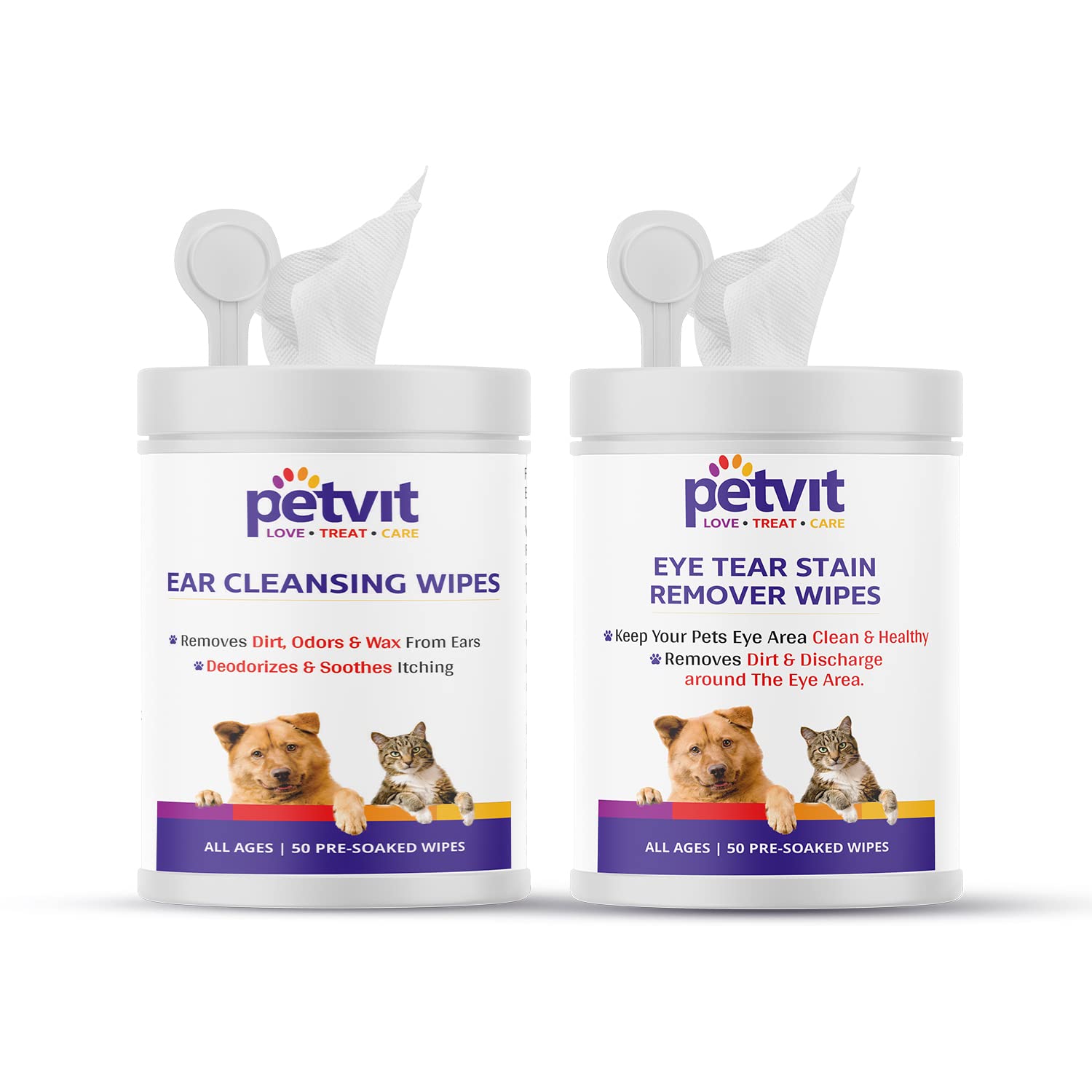 Petvit Ear Cleansing Wipes Remove Dirt, Odors & Wax from Ears  - Fragrance Less 50 Wipes & Eye Tear Stain Remover Wipes for Dogs and Cats - Fragrance Less 50 Wipes | for All Age Group (Combo)