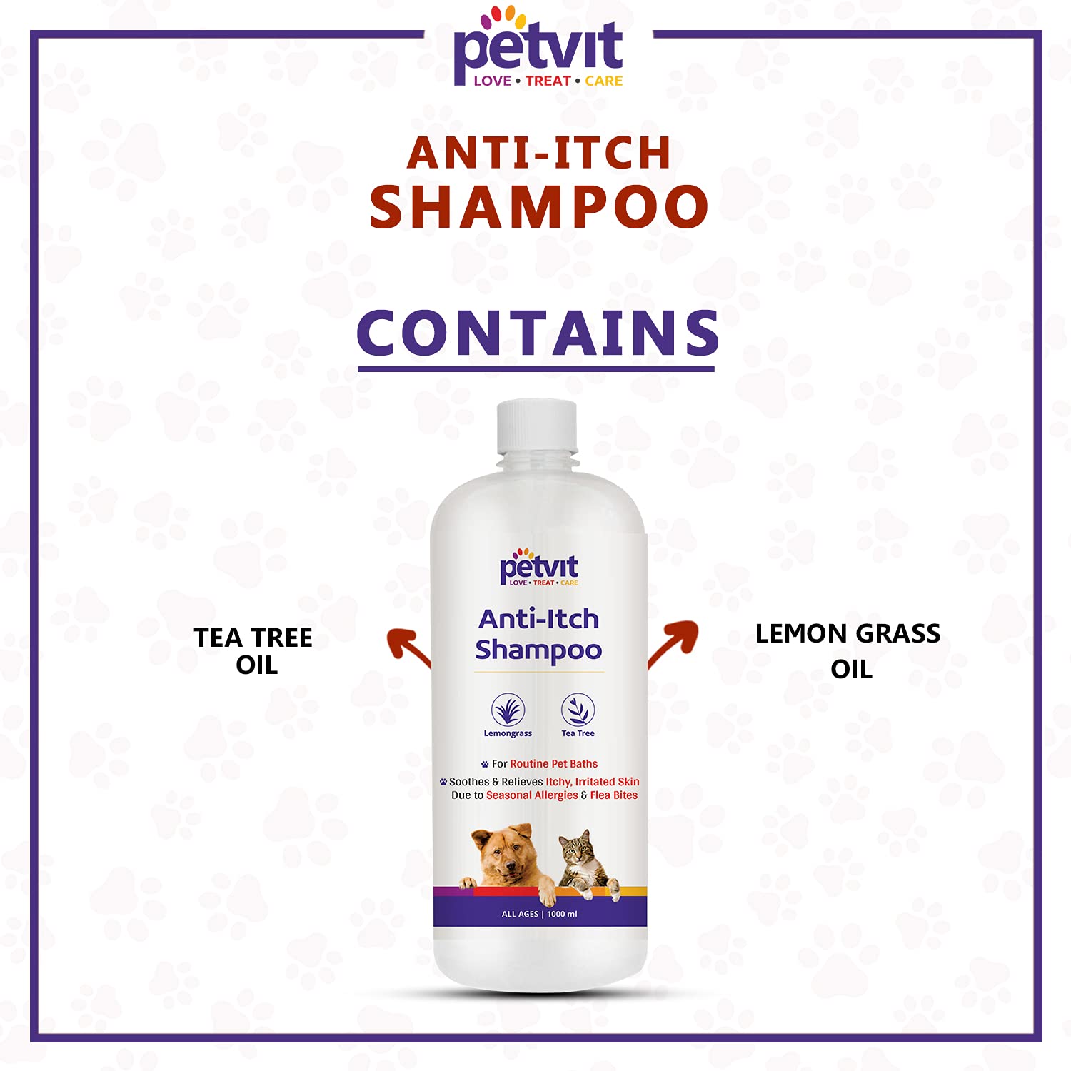 Petvit Anti Itch Shampoo with Tea Tree Oil & Lemon Grass Oil | for All Breed Dog/Cat - 1000ml, 34