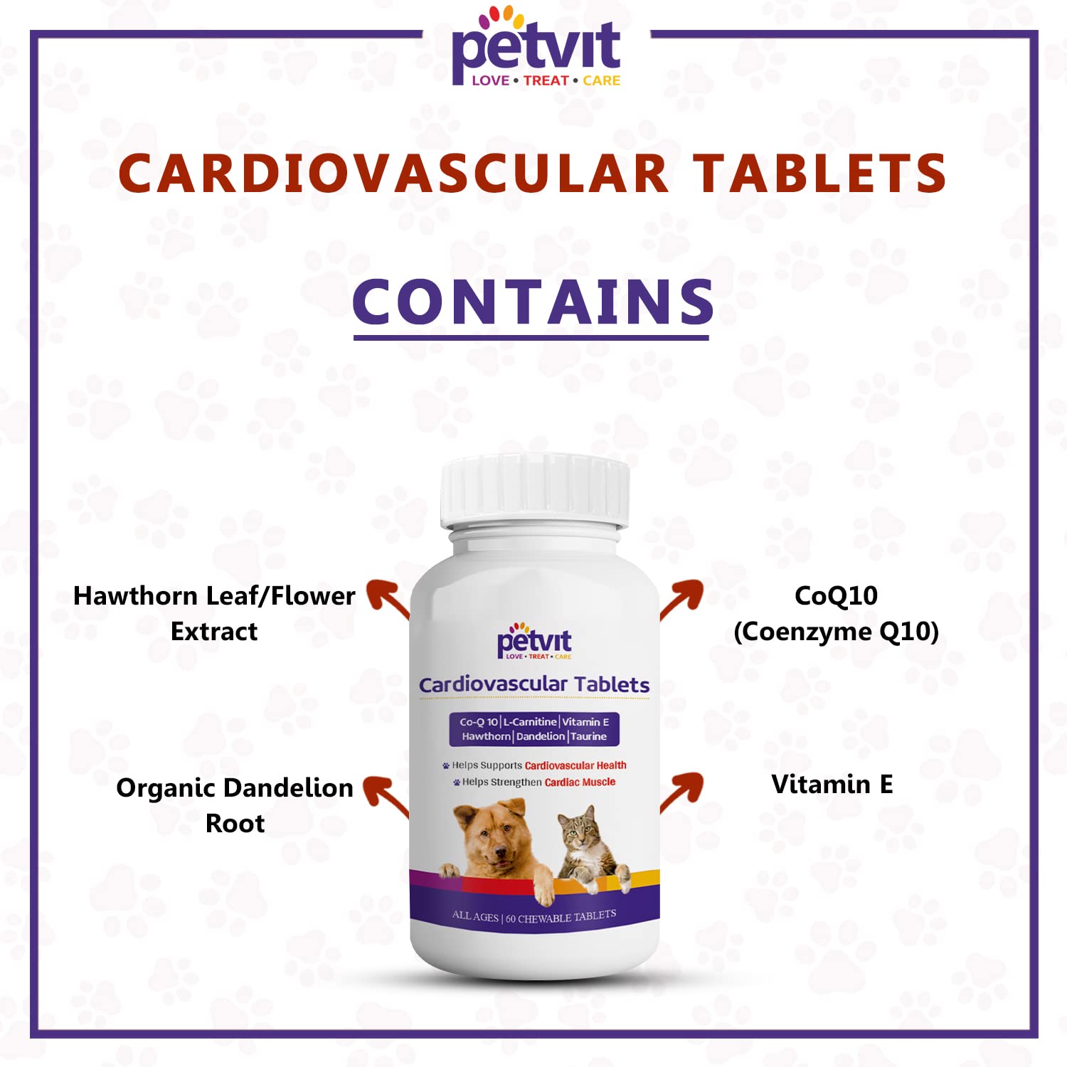 Petvit Cardiovascular Tablets | Coenzyme Q-10 Dog & Cat Supplements | Pet Health Supplement for Dogs & Cats | Supports Cardiovascular System | All Breeds of Dogs & Cats – 60 Chewable Tablets