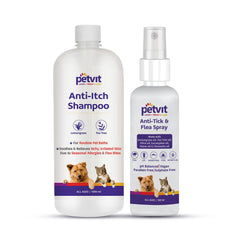 Petvit Anti Itch Shampoo with Tea Tree Oil & Lemon Grass Oil - 1000ml & Anti-Tick & Flea Spray with Lemongrass Oil, Tea Tree Oil -for All Breed Dog & Cat – 100ml (Combo)