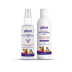 Petvit Odor Remover Spray with Lavender for All Breed Dog & Cat – 100ml & Oral Hygiene Liquid with Green Tea |Paraben Free & pH-Balance - for All Breed Dog & Cat – 100ml (Combo)
