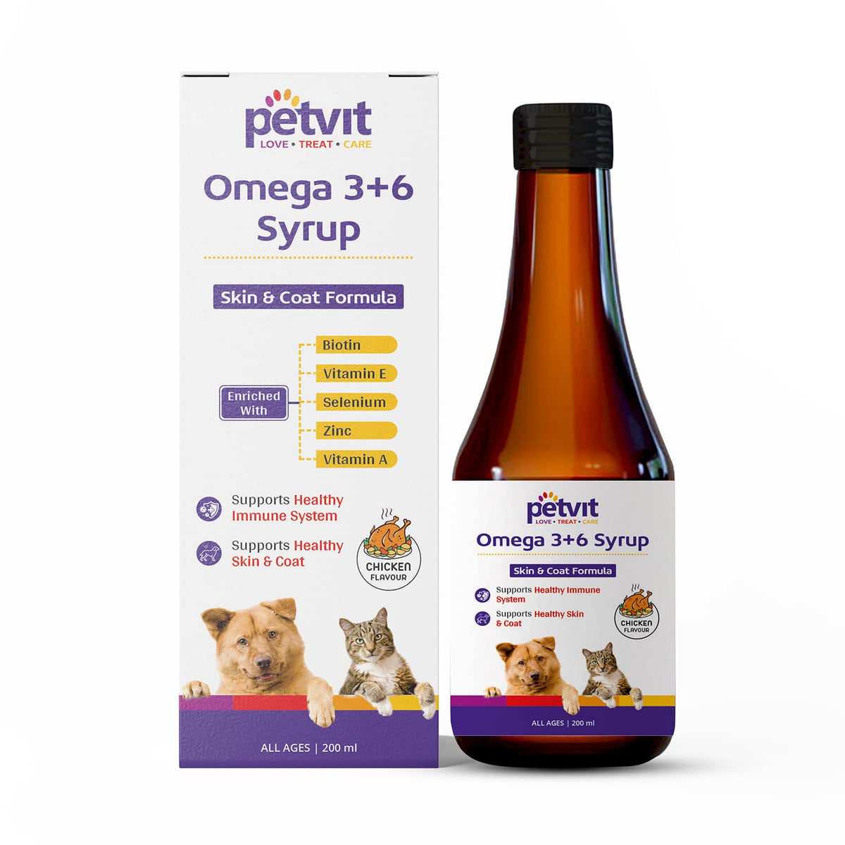 Petvit Omega 3 + 6 Syrup with Vitamin A, Vitamin E, Biotin - Supports Healthy Skin & Coat - Chicken Flavour - 200ml