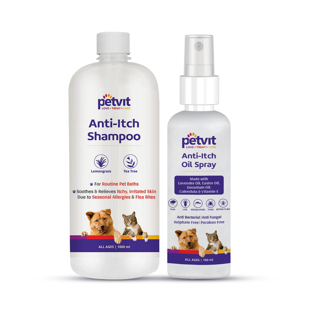 Petvit Anti Itch Shampoo with Tea Tree Oil & Lemon Grass Oil - 1000ml & Anti-Itch Oil Spray with Vitamin E, Lavender Oil & Castor Oil - for All Breed Dog & Cat – 100ml (Combo)