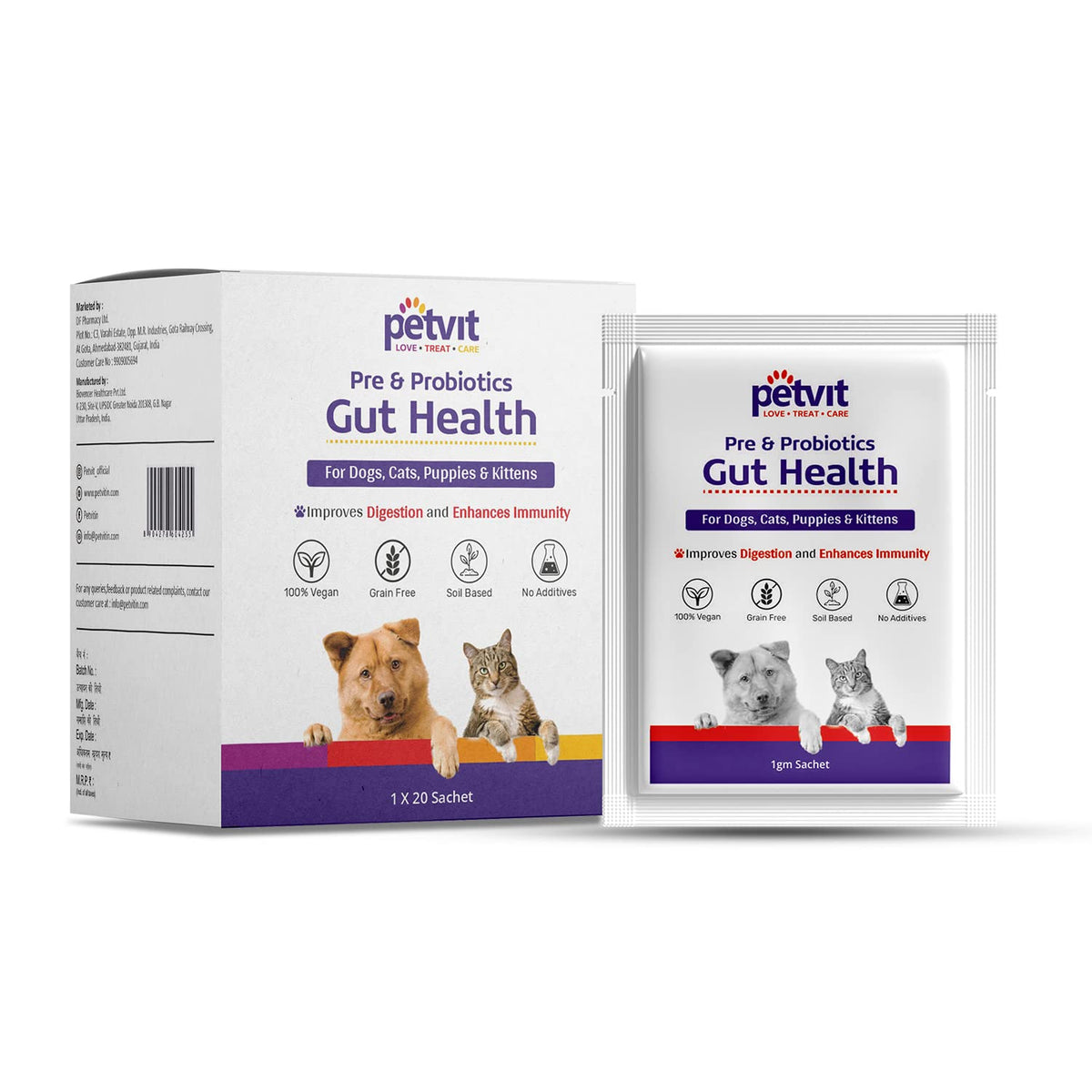 Petvit Pre & Probiotics Gut Health Powder for Dogs, Cats, Puppies & Kittens, Vet Recommended | Improves Digestion and Enhance Immunity |for All Ages Breed Dogs & Cats – 20 Sachets