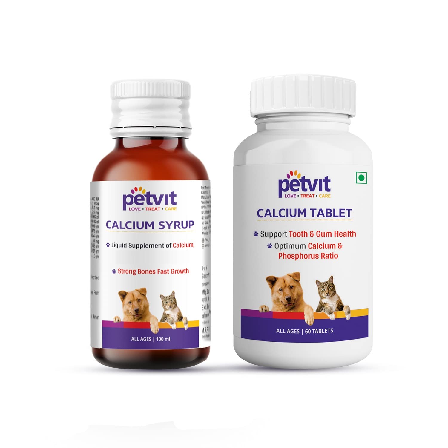 Petvit Calcium Syrup with Calcium, Phosphorus, Vitamin D3 & B12 – 100ml & Calcium Tablet with Calcium, Phosphorus, Vitamin D3 & Vitamin B12 for All Age Group – 60 Palatable Chewable Tablets (Combo)