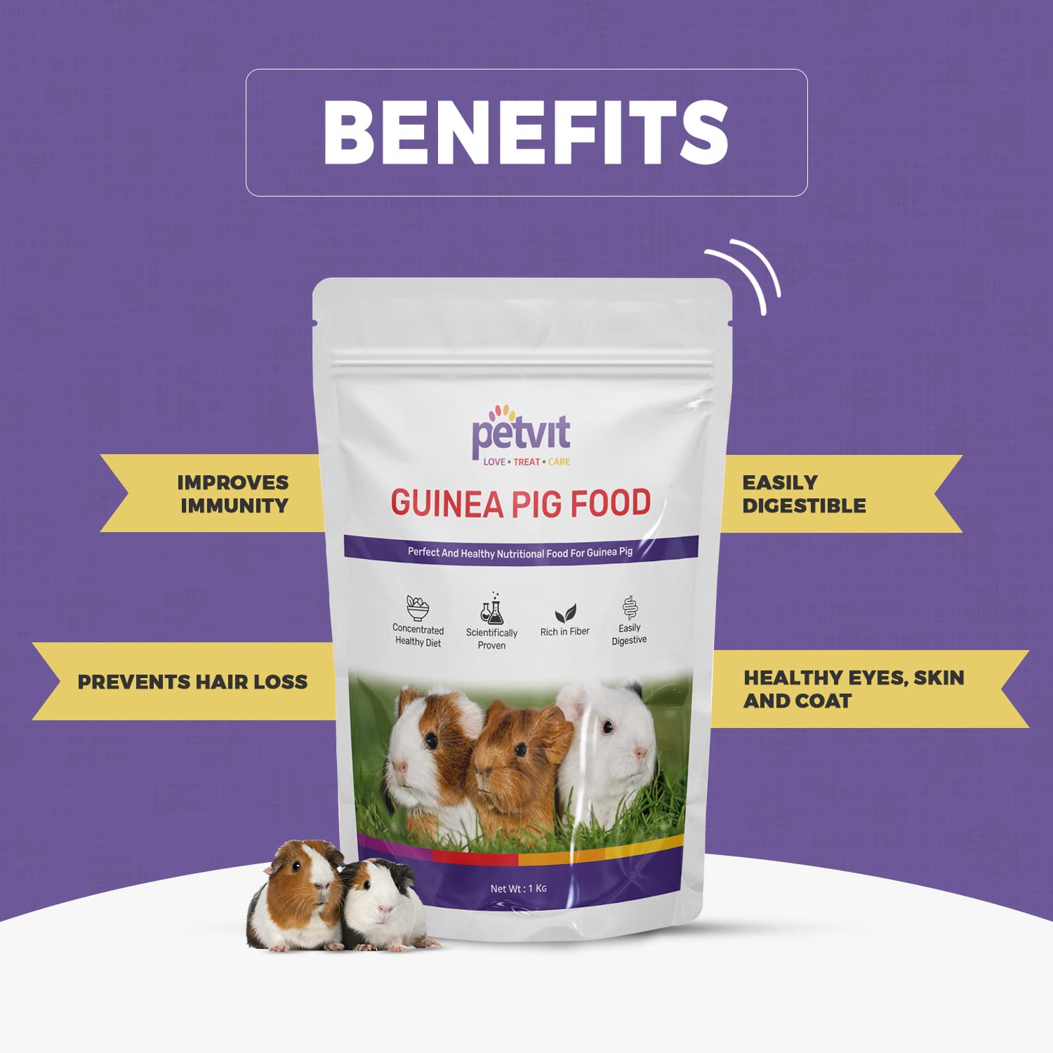 Petvit Guinea Pig Food with Corn Meal | Wheat | Alfalfa Meal | Roasted Gram | Antioxidant | Hay Grass | Milk | SOYA Bean | Vitamins & Minerals | Highly Nutritious Diet Essential -1kg