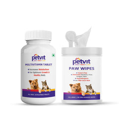 Petvit Multivitamin & Multimineral with 18 Ingredients Supplement - 60 Palatable Chewable Tablets & Nose and Paw Wipes for Eliminates Bacteria, Fungus, Odor - Fragrance Less 50 Wipes (Combo)