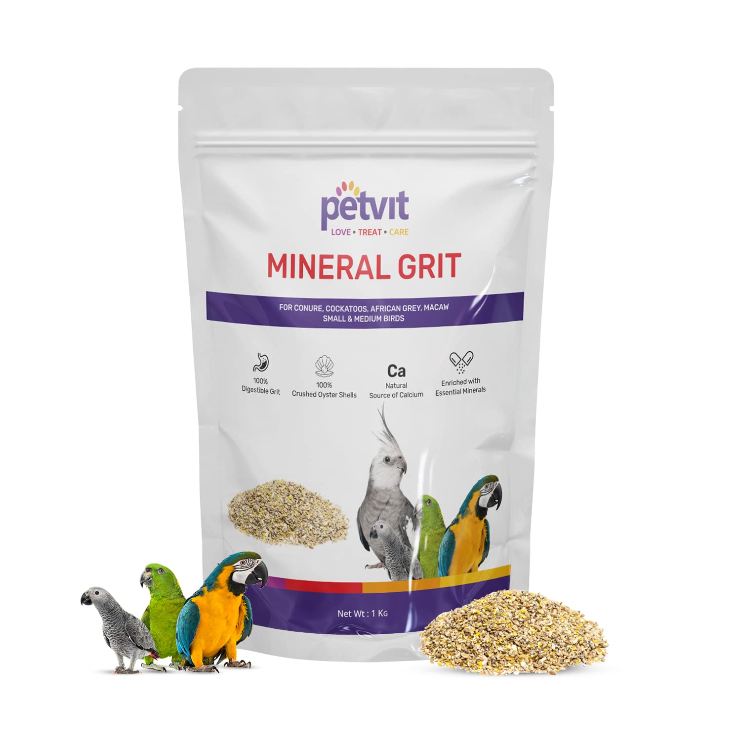 Petvit Mineral Birds Girt with Oyster Shell, Zinc Sulfate, Mineral O | Healthy Bird Digestive System for Conure, Cockatoos, African Grey, Macaw & Other Small & Medium Birds – 1kg