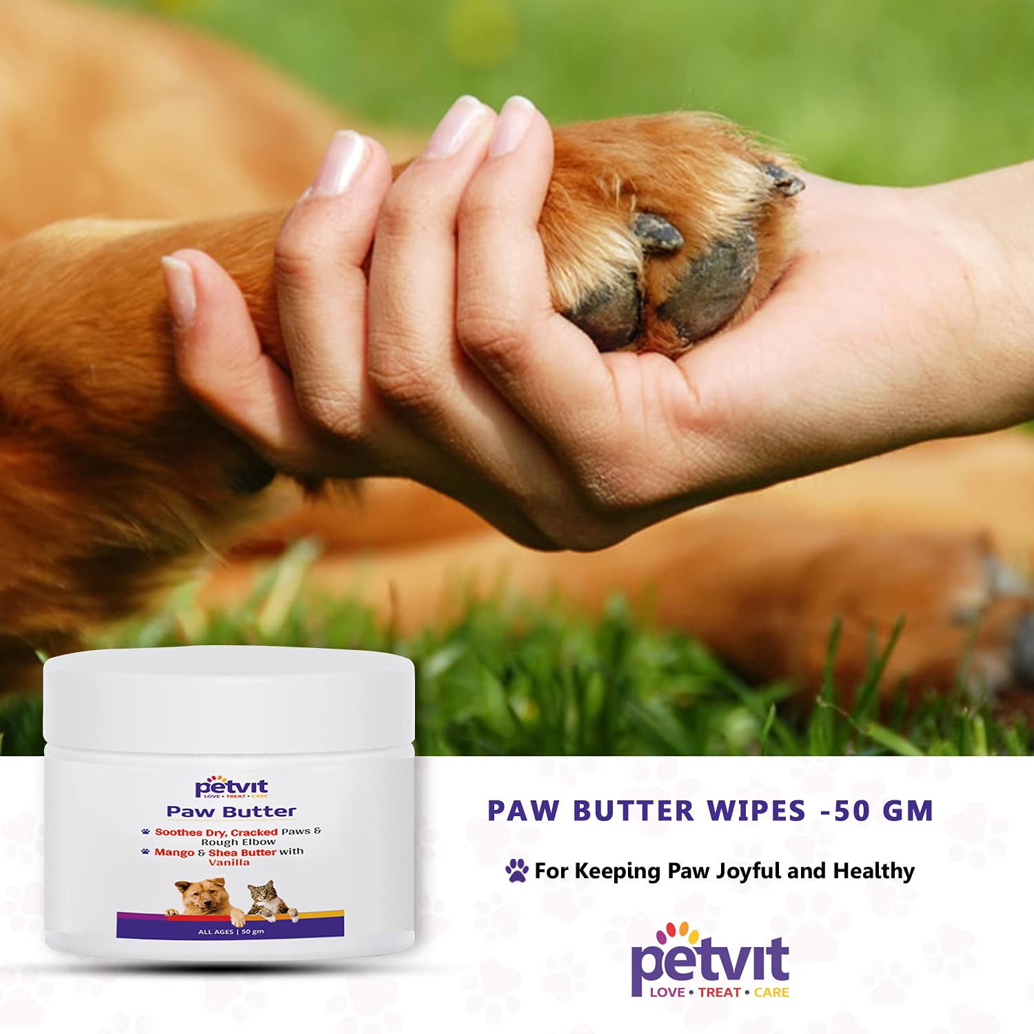 Petvit Paw Butter with Mango & Shea Butter & Lemon Grass Oil, Vitamin E, Coconut Oil | Heals, Repairs, and Moisturizes Dry Noses and Paws| pH-Balance -for All Breed Dog & Cat – 50gm, White