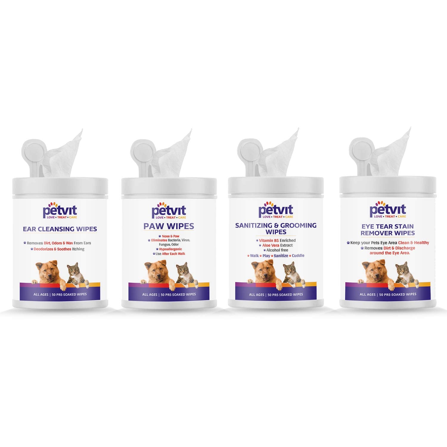 Petvit Wipes Combo (Nose and Paw Wipes + Cleansing & Grooming Wipes + Ear Cleansing Wipes + Eye Tear Stain Remover Wipes) - 50 Wipes Each