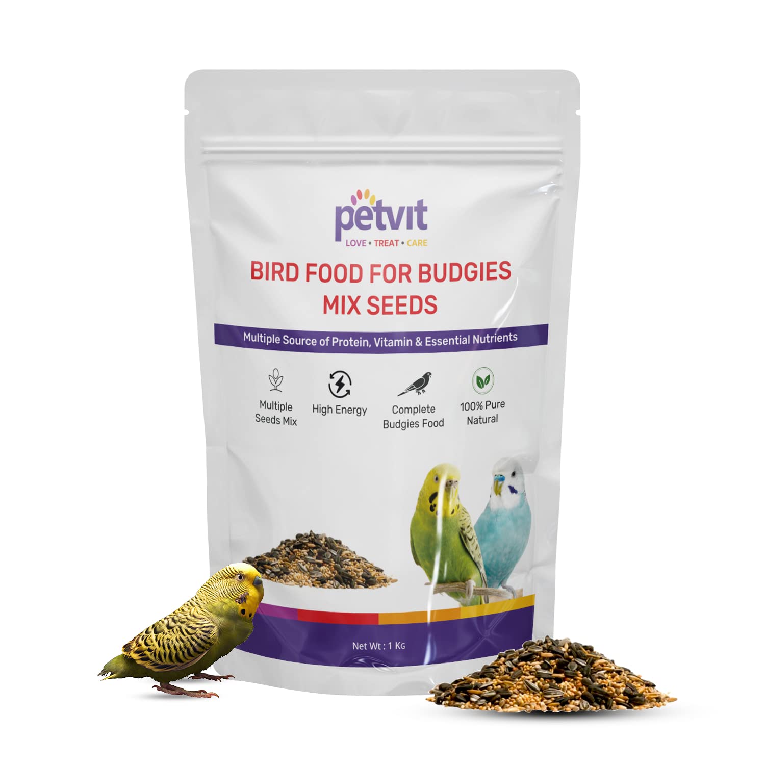 Petvit Bird Food for Budgies Mix Seed with Yellow Millet | Barnyard | Millet | Finger Millet | Sunflower | Nyger | Oats | Paddy | Flex | Pure Natural with Build Immunity System | for All Budgies -1kg