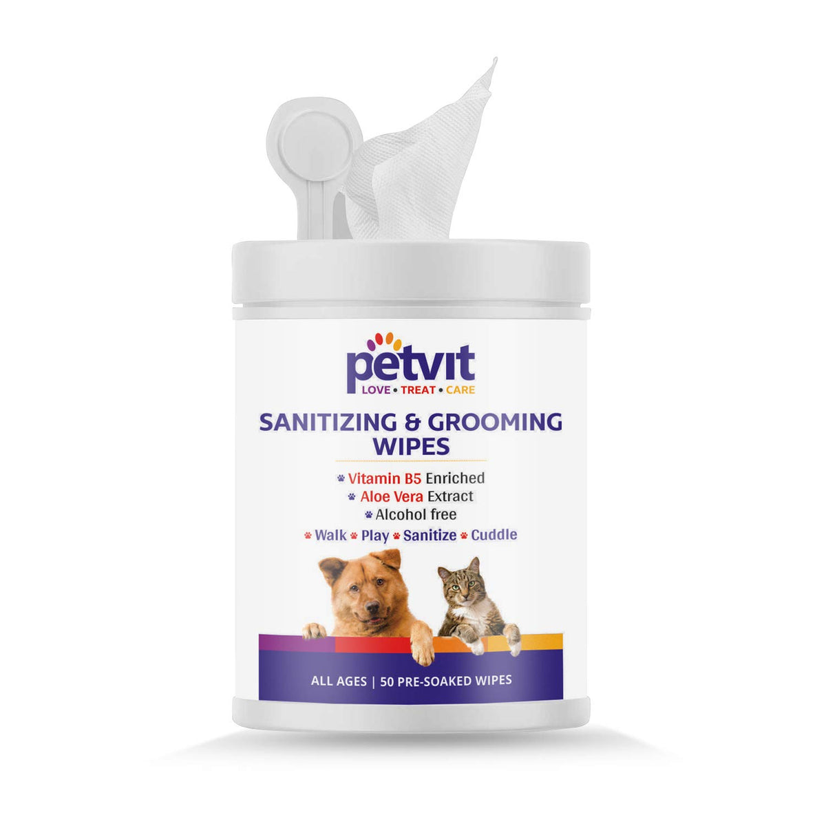 Petvit Cleansing & Grooming Wipes for Dog and Cat Enriched with Vitamin B5 and Aloe Vera, 50 Wipes Piece