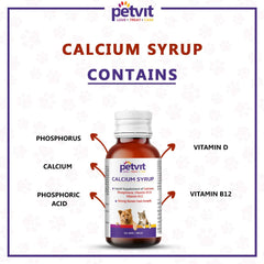 Petvit Calcium Syrup with Calcium, Phosphorus, Vitamin D3 & B12 for Dog Stronger Bones, Teeth & Growth in Pet for All Age Group – 100ml