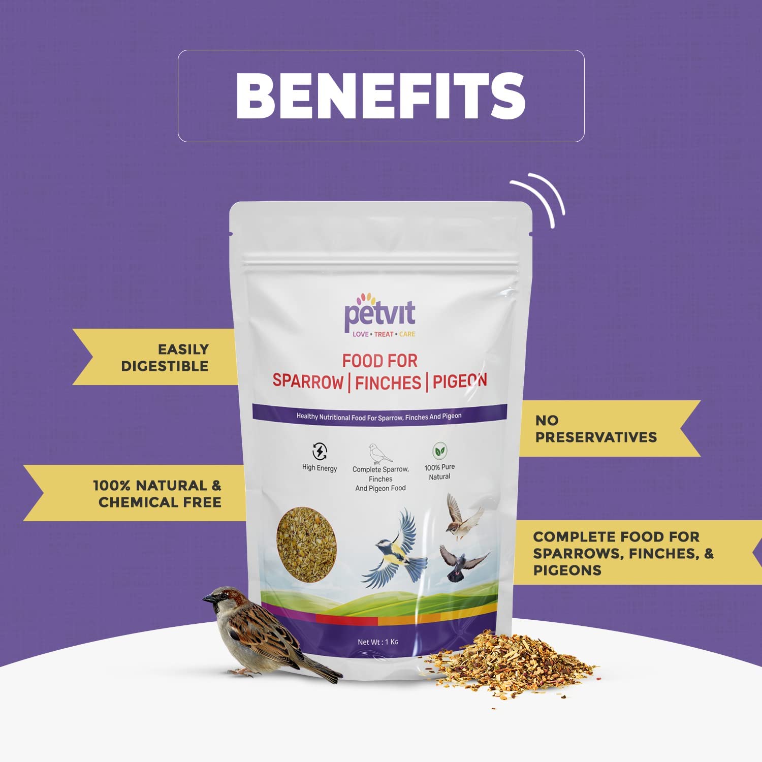 Petvit Food for Sparrow Finches, Pigeon & All Wild Birds, with Yellow Proso | Pearl Millet | Wheat | Com | Foxtail Millet | Oats | Green Proso | Paddy | Food Refill for Bird Feeder | No Chemicals -1kg