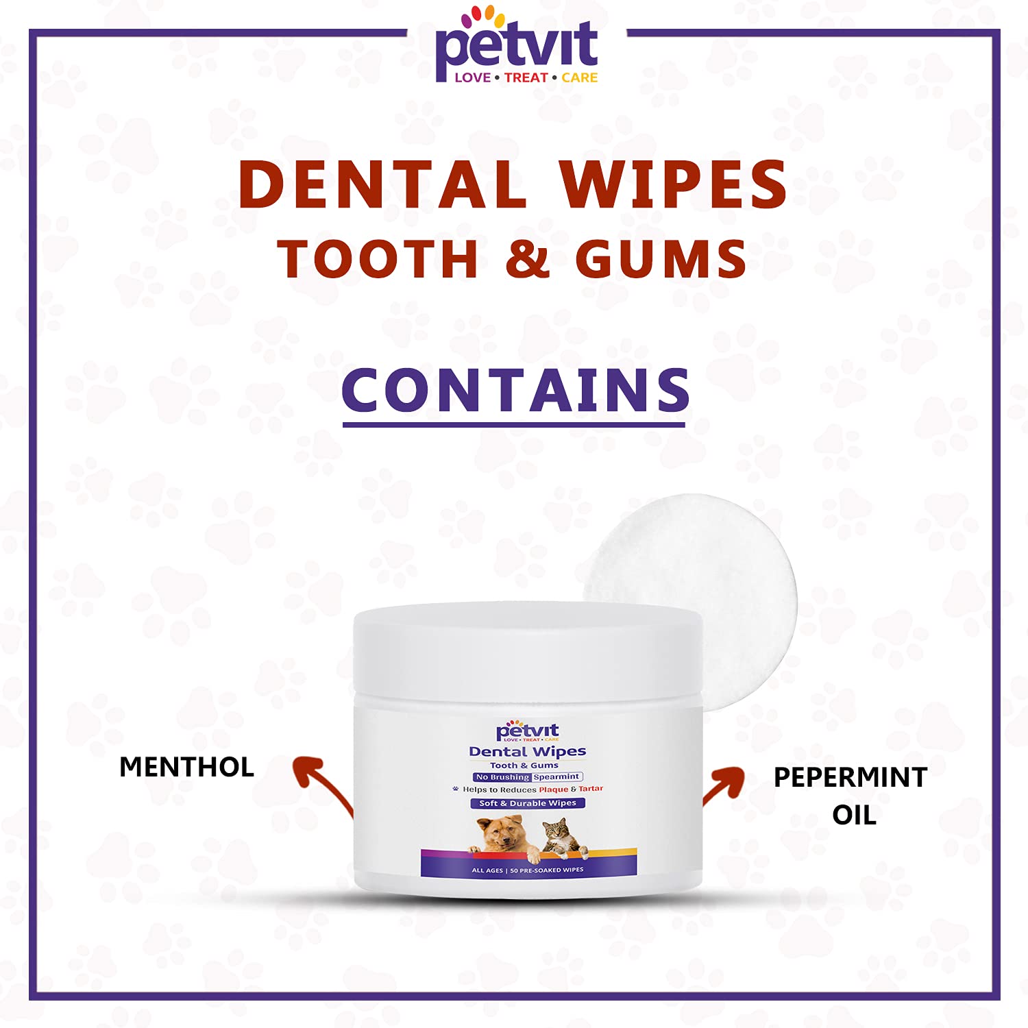 Petvit Dental Wipes for Tartar and Plaque Remover for Teeth Cleaning |Paraben Free & pH-Balance -for All Breed Dog & Cat - 50 Wipes for All Age Group