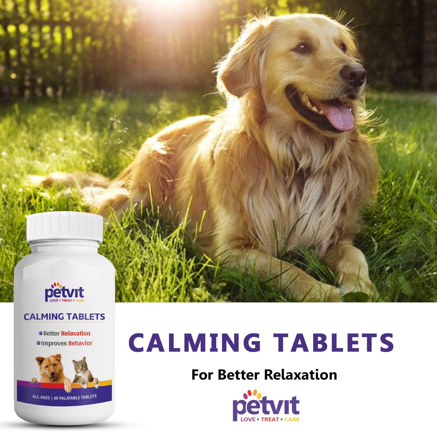 Petvit Calming & Better Relaxation Tablets for Dog and cat with 18+ Natural Extracts- 60 Palatable Chewable Tablets | for All Age Group