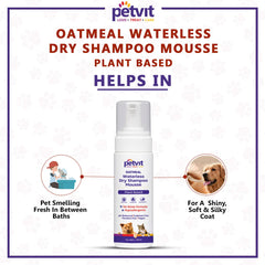 Petvit Oatmeal Waterless Dry Shampoo with Oatmeal, Aloe Extract, Lemon Essential Oil, Castor Oil & Coconut Oil | Bathless, Cleaning & Deodorizing |No Rinse Required -for All Breed Dog & Cat -190ml
