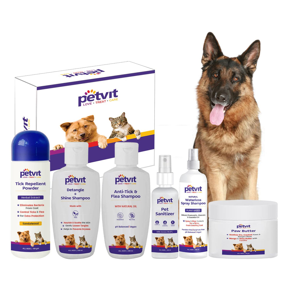 Petvit German Shepherd 6 in 1 Combo (Natural Waterless Shampoo + Detangle & Shine Shampoo + Paw Butter + Anti-Tick & flea Shampoo + Pet Sanitizer + Tick Repellent Powder)