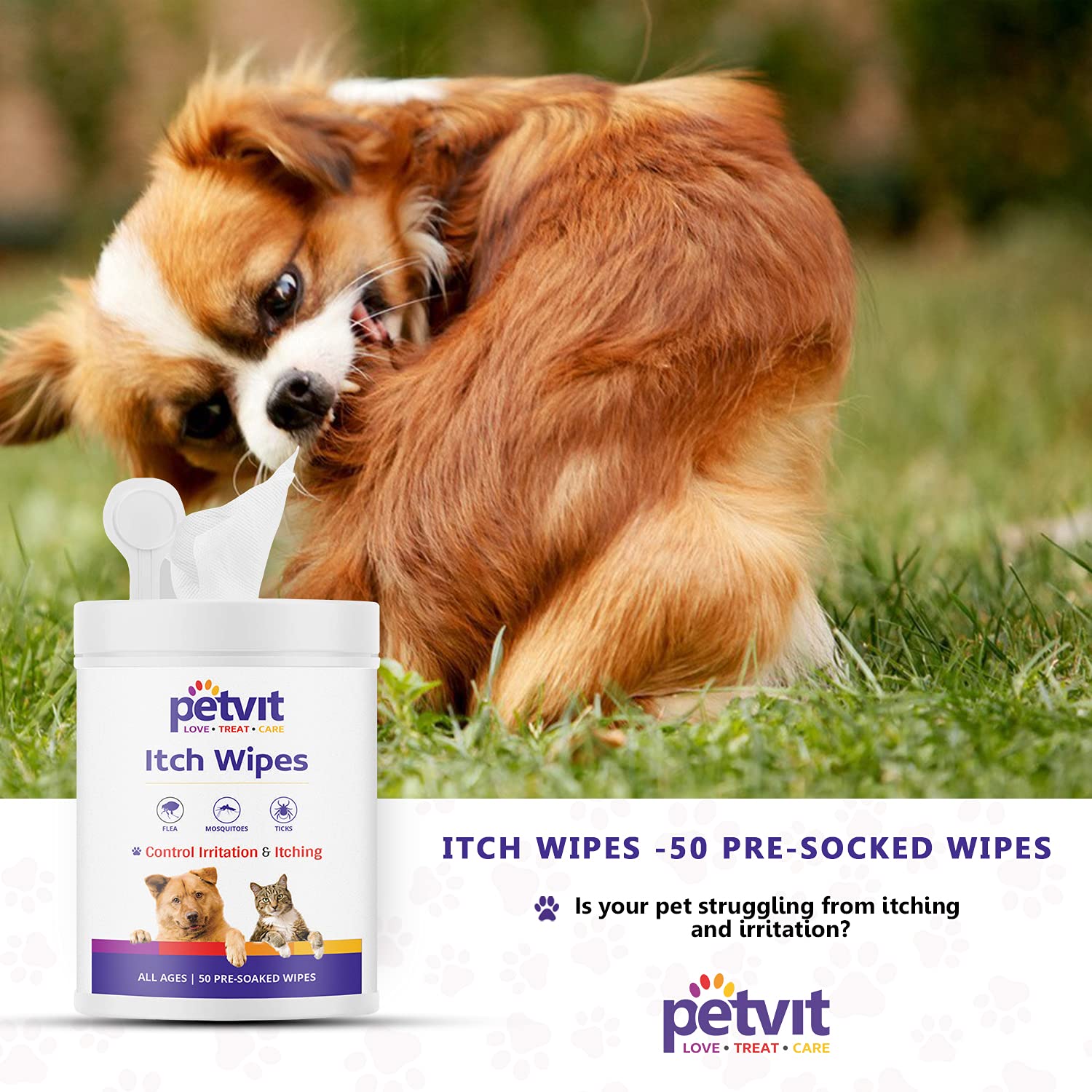 Petvit Itch Wipes for Relief Skin Irritations and Scratching |with Aloe Vera Gel & Neem Extract| | Paraben Free & pH-Balance -for All Breed Dog & Cat - 50 Wipes for All Age Group
