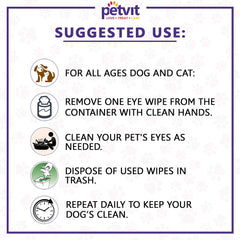 Petvit Eye Tear Stain Remover Wipes for Dogs, Cats and Puppies - Fragrance Less Stain Remover Wipes 50 Wipes | for All Breeds & Age Group