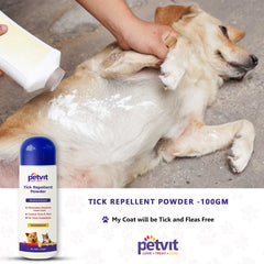 Petvit Tick Repellent Powder with Sandalwood, Bakuchi | for Ticks and Fleas, Itching, Fungal Infection| Paraben Free & pH-Balance -for All Breed Dog & Cat – 100gm