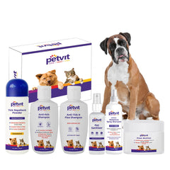Petvit Boxer Combo 6 in 1 Combo Grooming from Head to Tail for Your Dog Natural Waterless Shampoo + Anti-Itch Shampoo + Paw Butter + Anti-Tick & flea Shampoo + Pet Sanitizer + Tick Repellent Powder