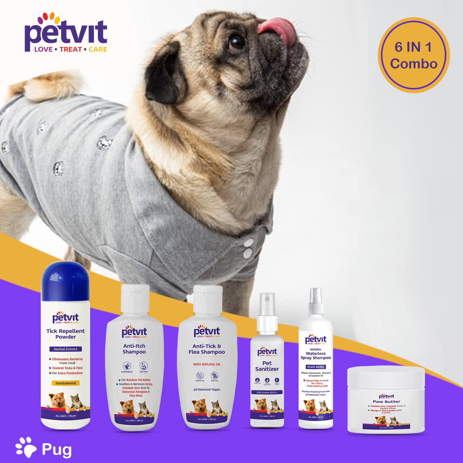 Petvit Pug 6 in 1 Grooming Combo from Head to Tail for Your Dog Natural Waterless Shampoo + Anti-Itch Shampoo + Paw Butter + Anti-Tick & flea Shampoo + Pet Sanitizer + Tick Repellent Powder