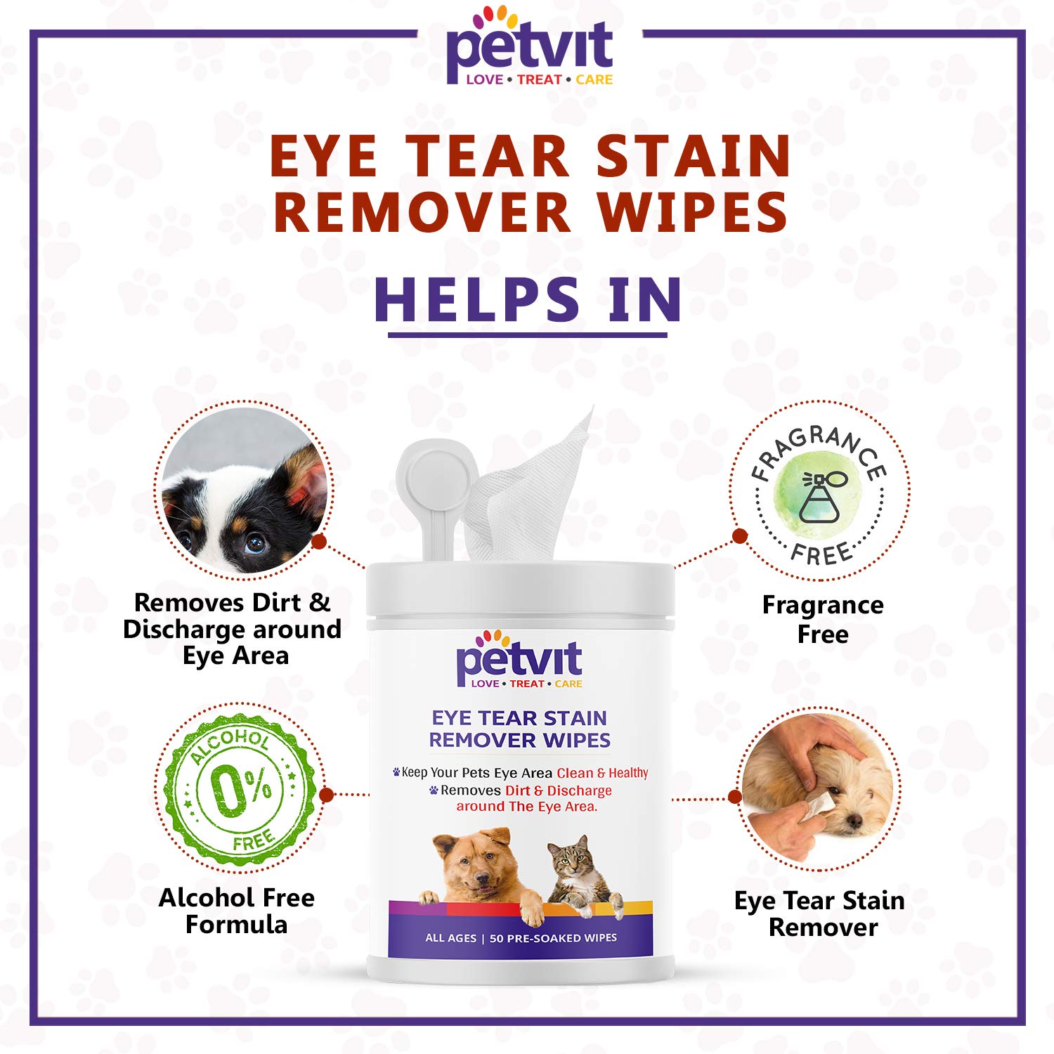 Petvit Eye Tear Stain Remover Wipes Piece for Dogs and Cats l Keep Your Pets Eye Area Clean & Healthy - Fragrance Less 50 Wipes | for All Age Group (8541)