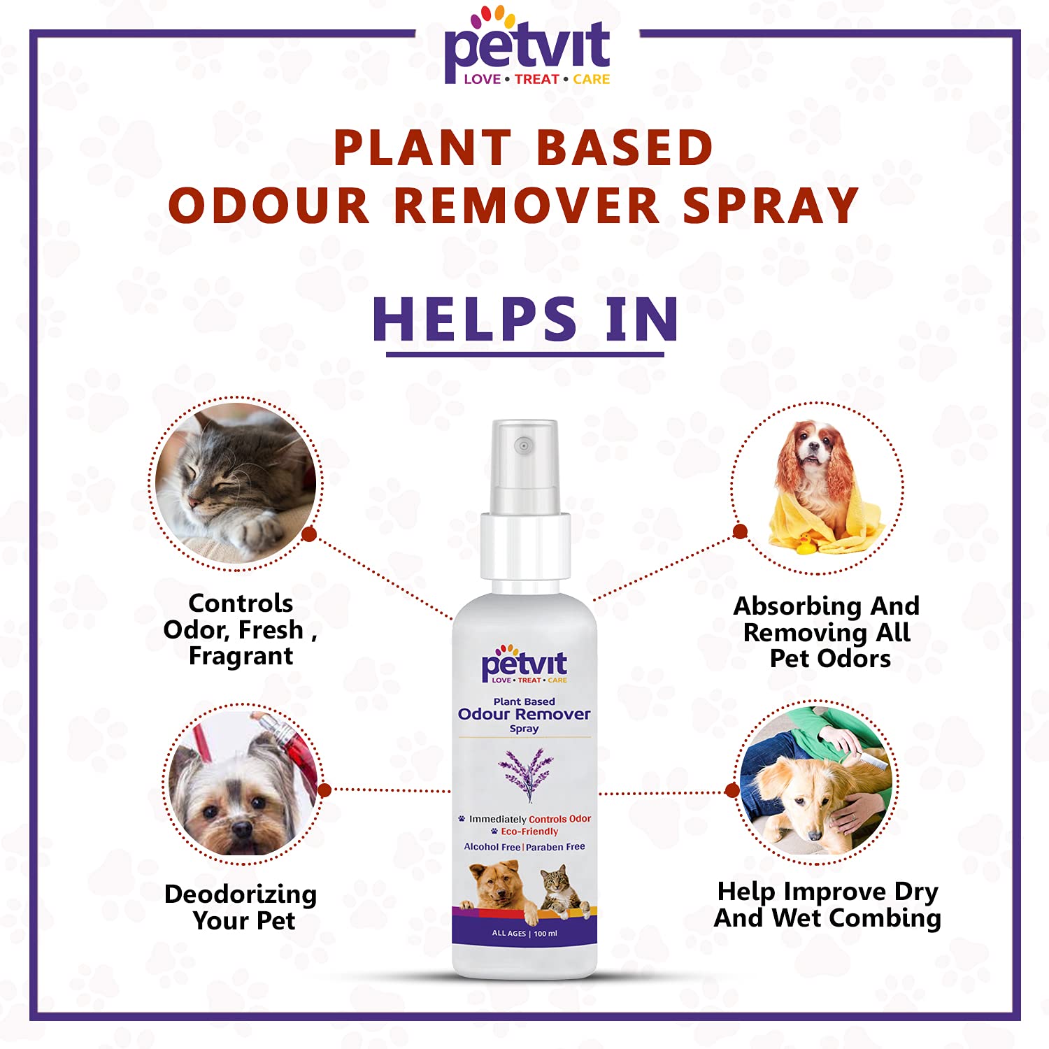 Petvit Odor Remover Spray with Lavender | Eliminate Bad Breath | Detangling Hair | Paraben Free & pH-Balance -for All Breed Dog & Cat – 100ml