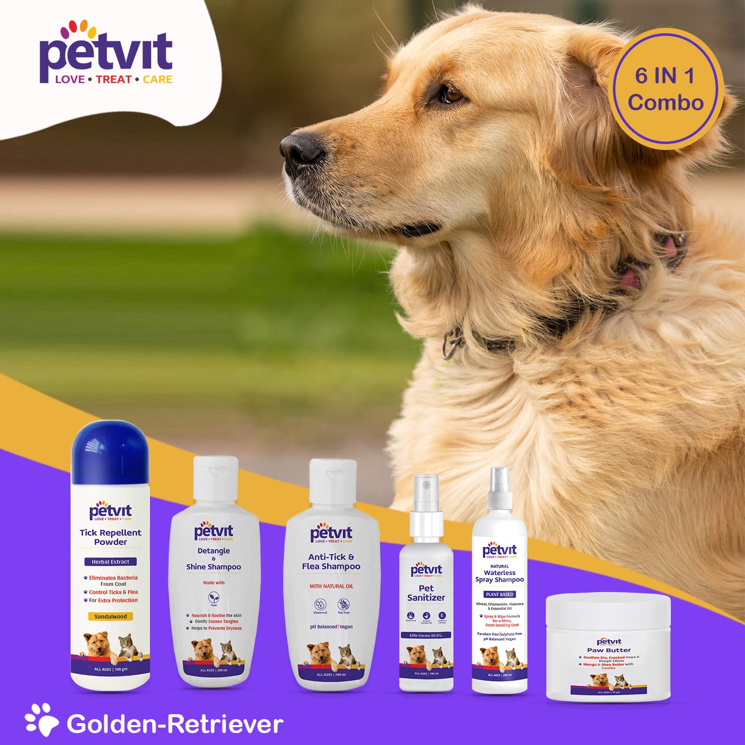 Petvit Golden Retriever 6 in 1 Grooming Combo (Natural Waterless Shampoo + Detangle & Shine Shampoo + Paw Butter + Anti-Tick & flea Shampoo + Pet Sanitizer + Tick Repellent Powder)
