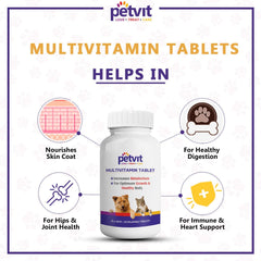Petvit Multivitamin & Multimineral Supplement with 18 Ingredients for Skin-Coat, Joint Care, Digestion, Heart & Immunity for Dogs & Cats - 60 Palatable Chewable Tablets | for All Age Group