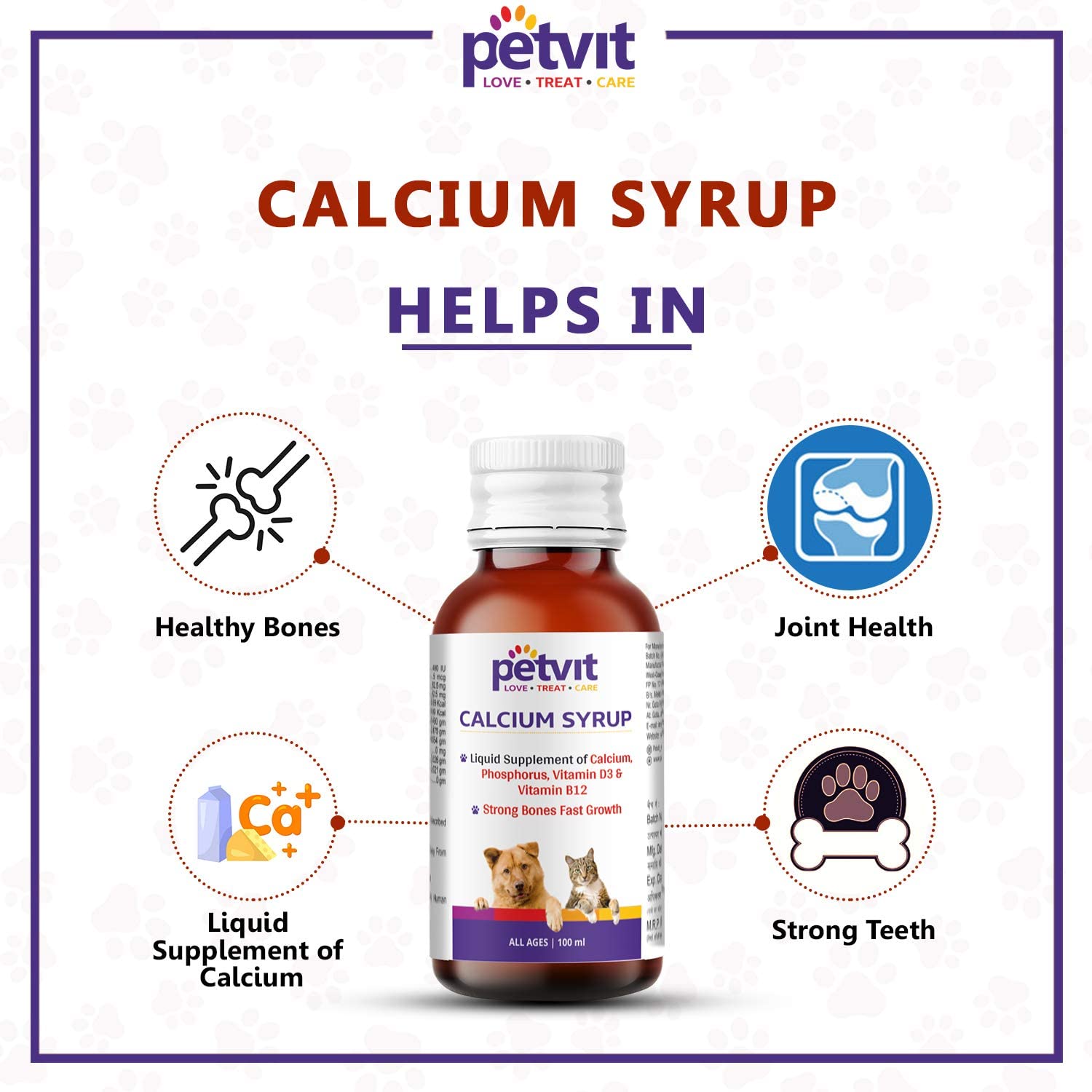 Petvit Calcium Syrup with Calcium, Phosphorus, Vitamin D3 & B12 for Dog Stronger Bones, Teeth & Growth in Pet for All Age Group – 100ml