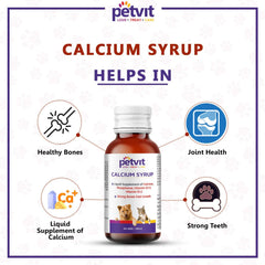Petvit Calcium Syrup for Dogs with Calcium, Phosphorus, Vitamin D3 & B12 for Dog Stronger Bones, Teeth & Growth in Pets for All Age Group – 100ml