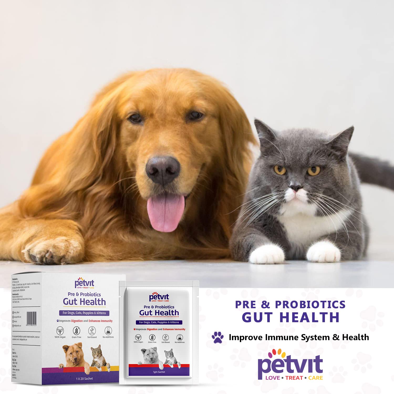 Petvit Pre & Probiotics Gut Health Powder for Dogs, Cats, Puppies & Kittens, Vet Recommended | Improves Digestion and Enhance Immunity |for All Ages Breed Dogs & Cats – 20 Sachets