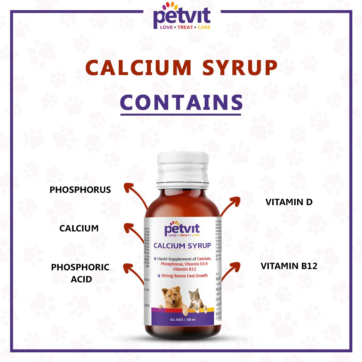 Petvit Calcium Syrup for Dogs | Optimum Ratio of Calcium & Phosphorus | Strong Bones, Teeth & Growth Support | with Vitamin D3 & B12 | All Ages - 100+100ml (Pack of 2)