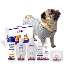Petvit Pug 6 in 1 Grooming Combo from Head to Tail for Your Dog Natural Waterless Shampoo + Anti-Itch Shampoo + Paw Butter + Anti-Tick & flea Shampoo + Pet Sanitizer + Tick Repellent Powder