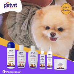 Petvit Pomeranian 6 in 1 Grooming Combo (Natural Waterless Shampoo + Detangle & Shine Shampoo + Paw Butter + Anti-Tick & flea Shampoo + Pet Sanitizer + Tick Repellent Powder)