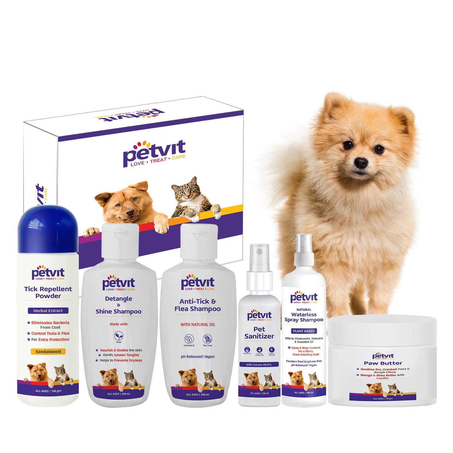 Petvit Pomeranian 6 in 1 Grooming Combo (Natural Waterless Shampoo + Detangle & Shine Shampoo + Paw Butter + Anti-Tick & flea Shampoo + Pet Sanitizer + Tick Repellent Powder)