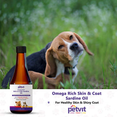 Petvit Omega Rich Skin & Coat Sardine Oil with Omega 3, Omega 6, Vitamin E, Vitamin A, Biotin | for Healthy Skin & Shiny Coat | Sardine Fish Flavour | for All Ages Breed Dogs & Cat – 200ml