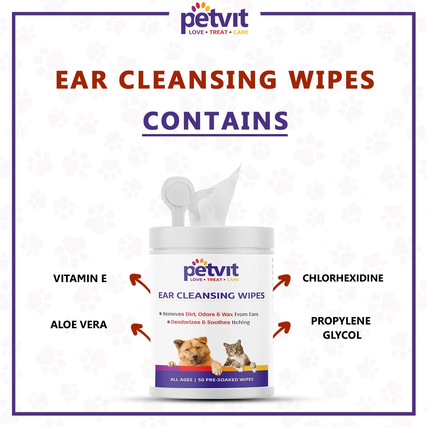 Petvit Ear Cleansing Wipes for Dogs and Cats to Remove Dirt, Odors & Wax from Ears  - Fragrance Less 50 Wipes