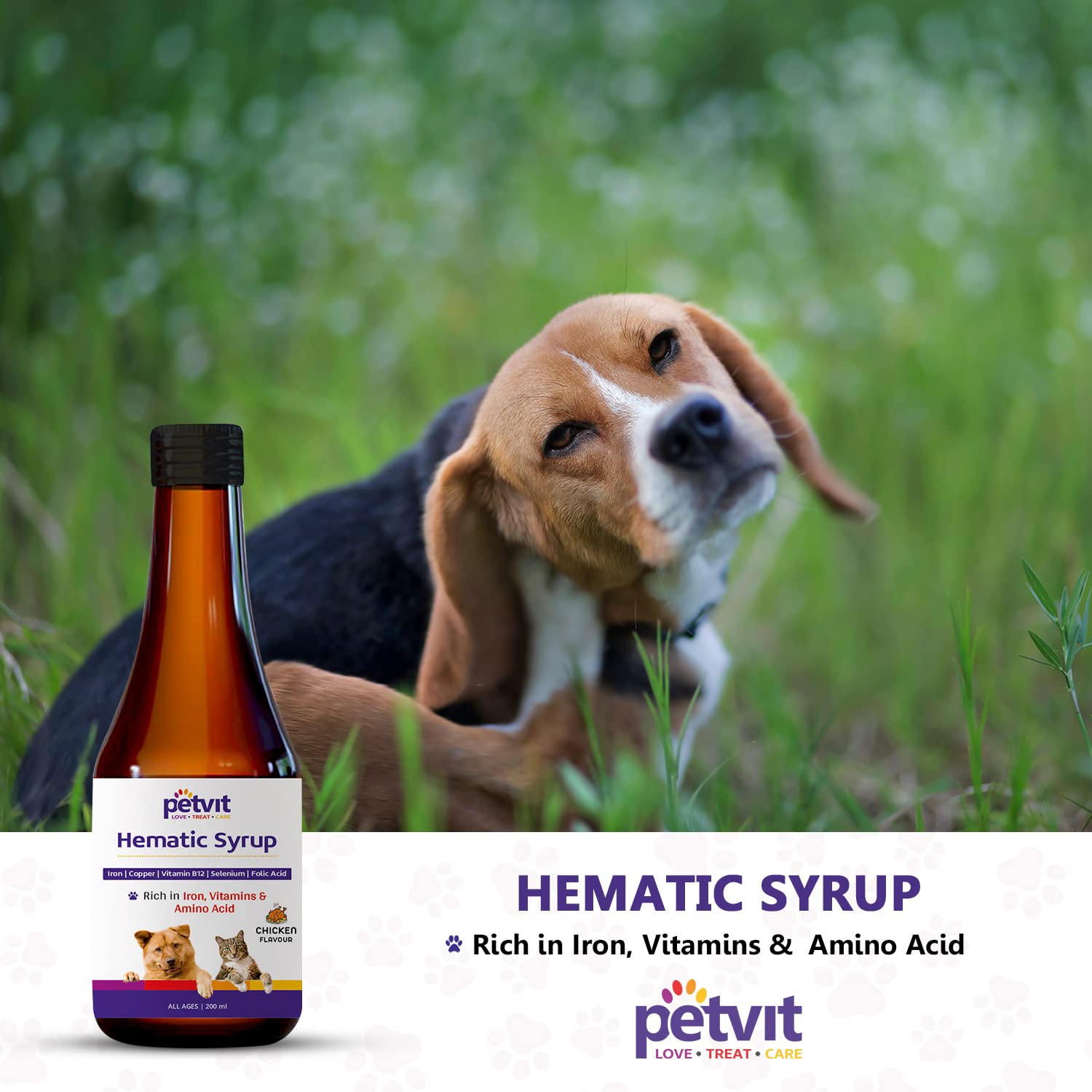 Petvit Hematic Syrup with Iron as Ferrous Sulphate, Zinc, Copper, Selenium, Vitamin B12 | Prevents Iron & Nutritional Deficiency Anemia | Chicken Flavor | for All Ages Breed Dogs & Cats – 200ml